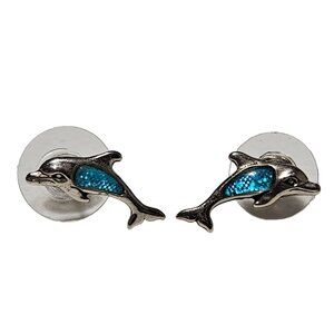Dolphin Stud Earrings Sterling Silver Blue Gem Porpoise Fashion Jewelry Women
